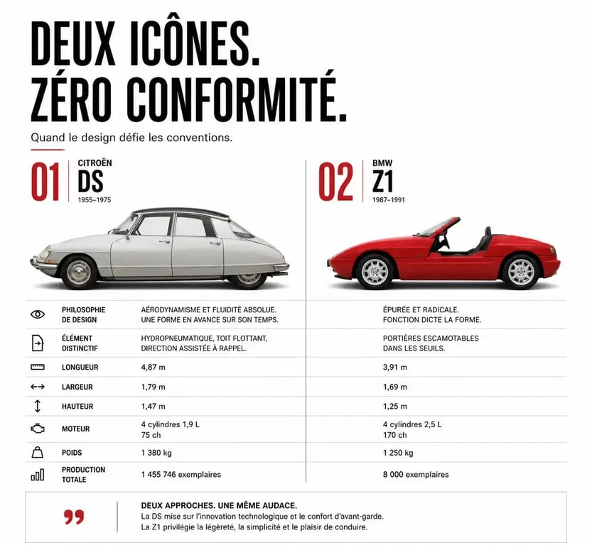 Infographie comparative des designs de voitures considérées comme les plus moches de l'histoire automobile