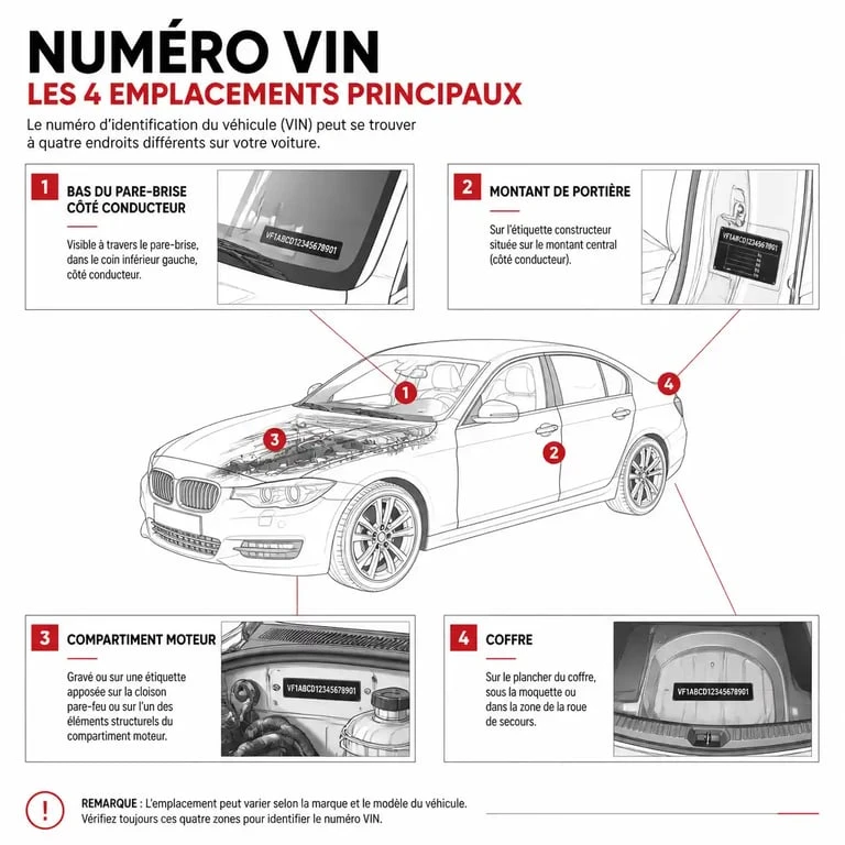 Schéma des emplacements du numéro VIN sur une voiture pour trouver la finition