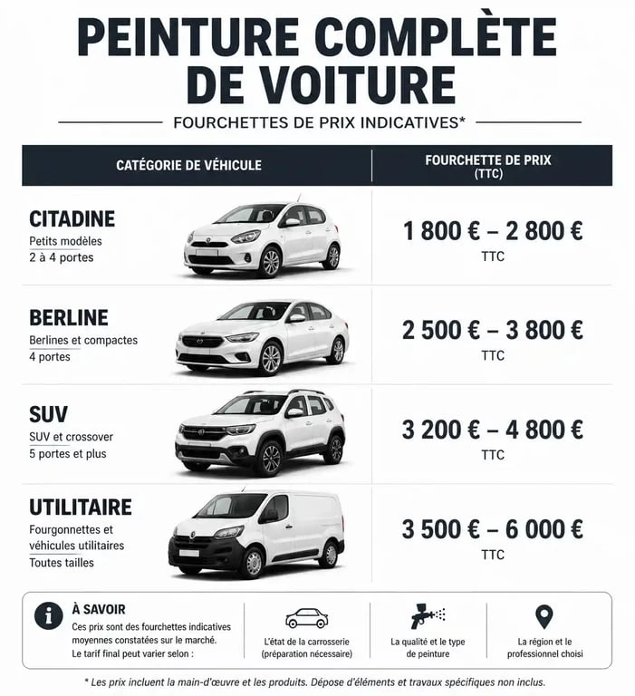 Infographie des prix moyens pour une peinture complète de voiture par catégorie de véhicule