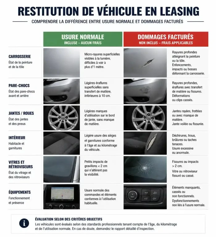 Tableau comparatif des critères d'usure normale et dommages facturés pour le leasing d'une voiture Mercedes