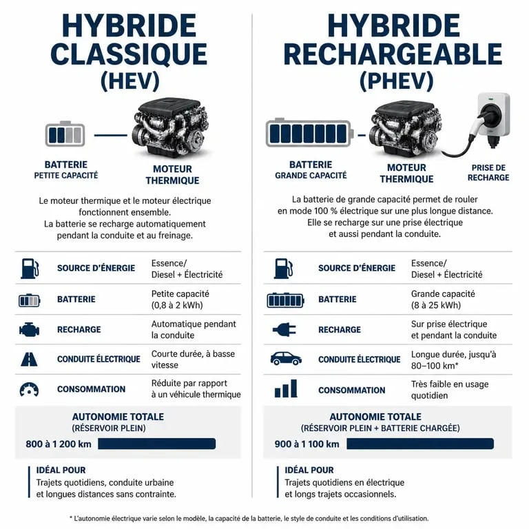Infographie comparative entre voiture hybride classique et hybride rechargeable pour comprendre la différence entre hybride et hybride rechargeable