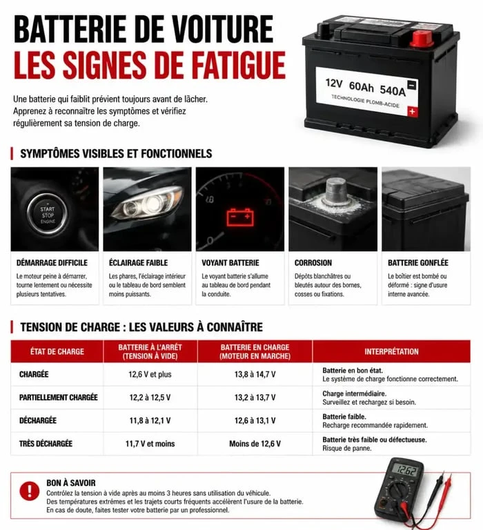 Signes de fatigue batterie voiture et tableau de diagnostic des tensions