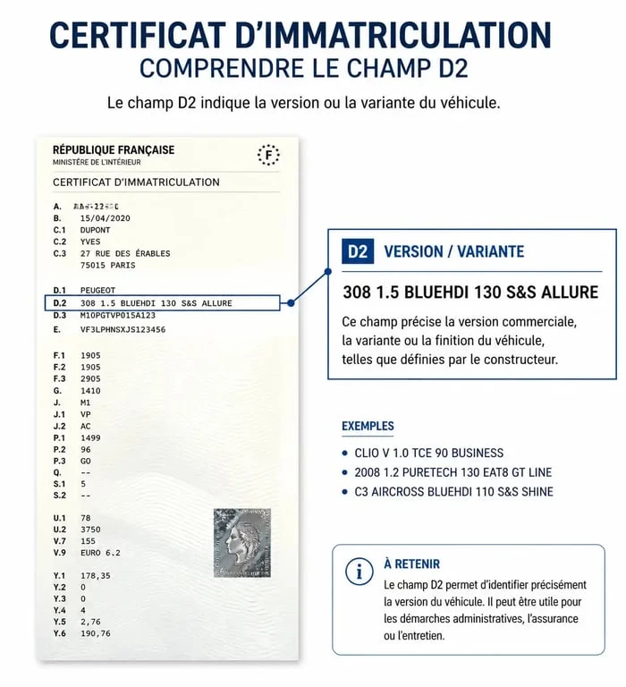 Emplacement du champ D2 sur une carte grise pour identifier le type, la variante et la version du véhicule