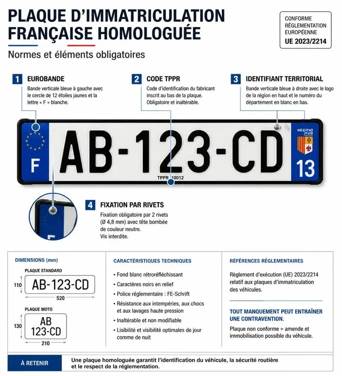 Schéma des caractéristiques techniques d'une plaque d'immatriculation conforme à la réglementation française