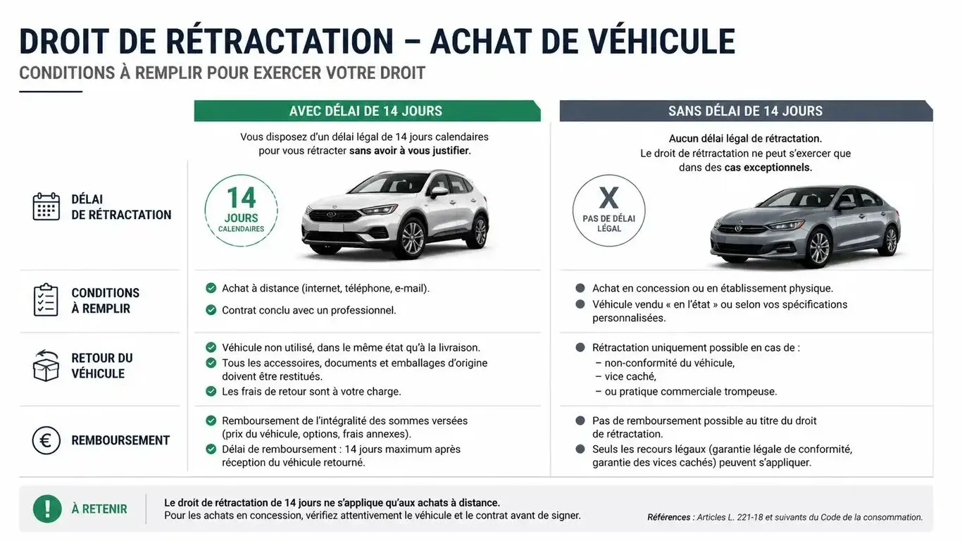 Tableau récapitulatif du droit de rétractation achat véhicule selon le mode de vente