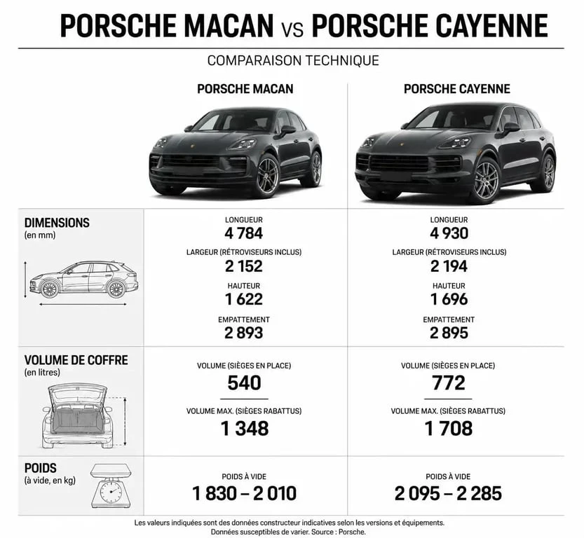 Comparatif technique Porsche Macan vs Porsche Cayenne : dimensions, coffre et poids