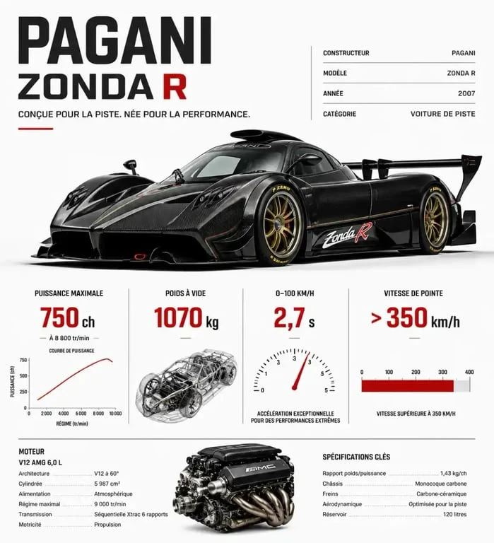 Infographie des performances techniques de la supercar Pagani Zonda R