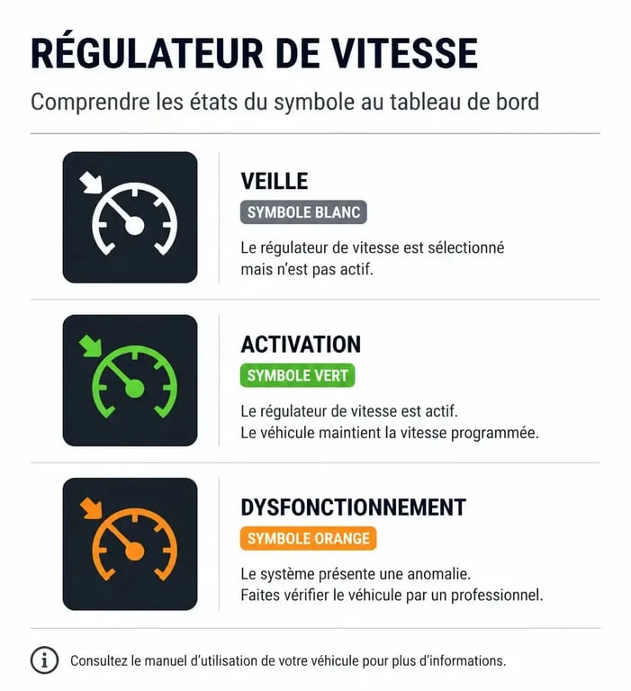 Signification des couleurs du symbole régulateur de vitesse sur tableau de bord