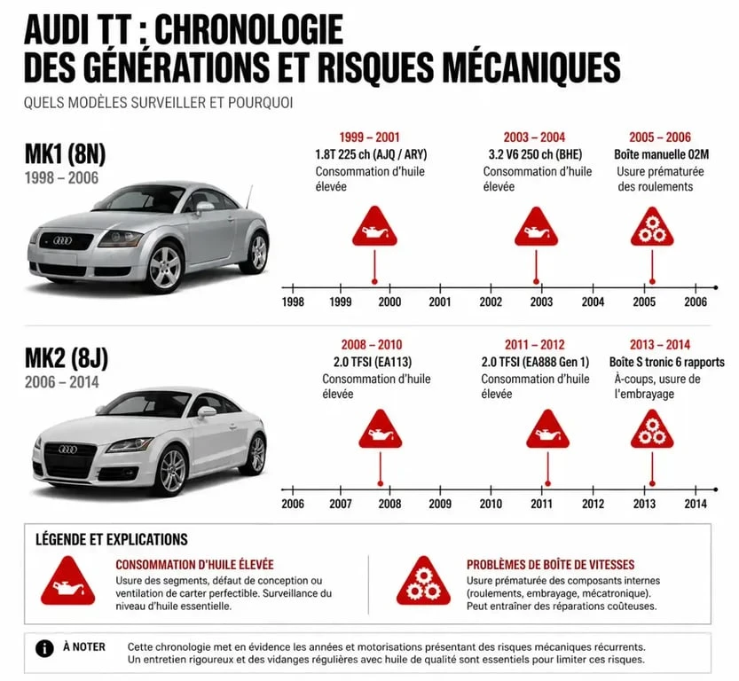 Infographie récapitulative des modèles d'Audi TT à éviter et points de vigilance mécaniques par génération