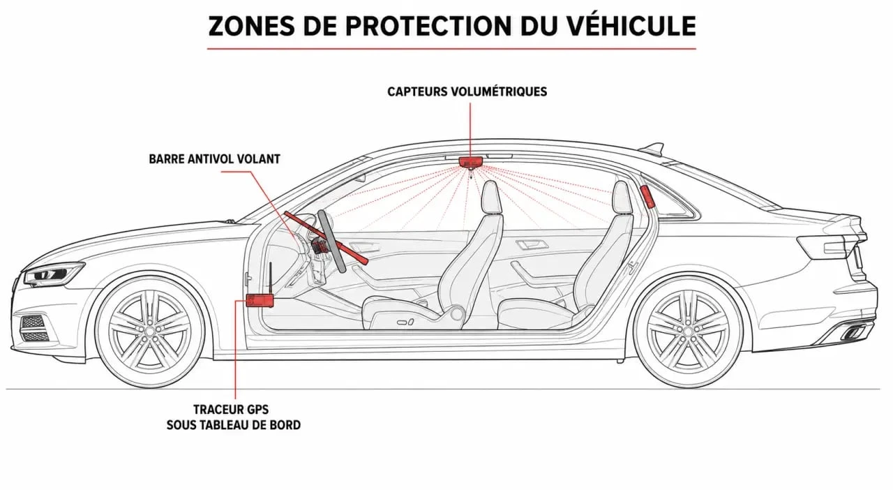 Schéma des systèmes de protection et alarme voiture pour une sécurité optimale