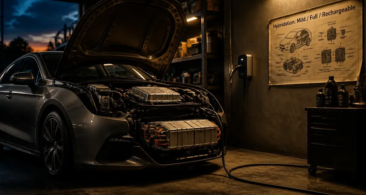 Fonctionnement voiture hybride et recharge : batterie et moteur, câble de charge