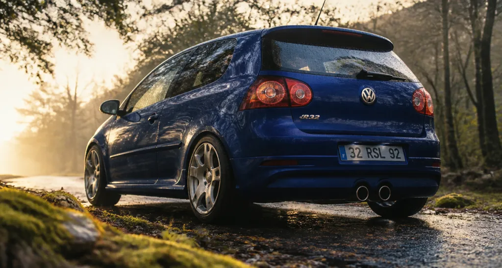 golf 5 r32 bleu profond sur route humide