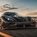 Koenigsegg Agera RS noire/orange sur autoroute fermée, vue basse