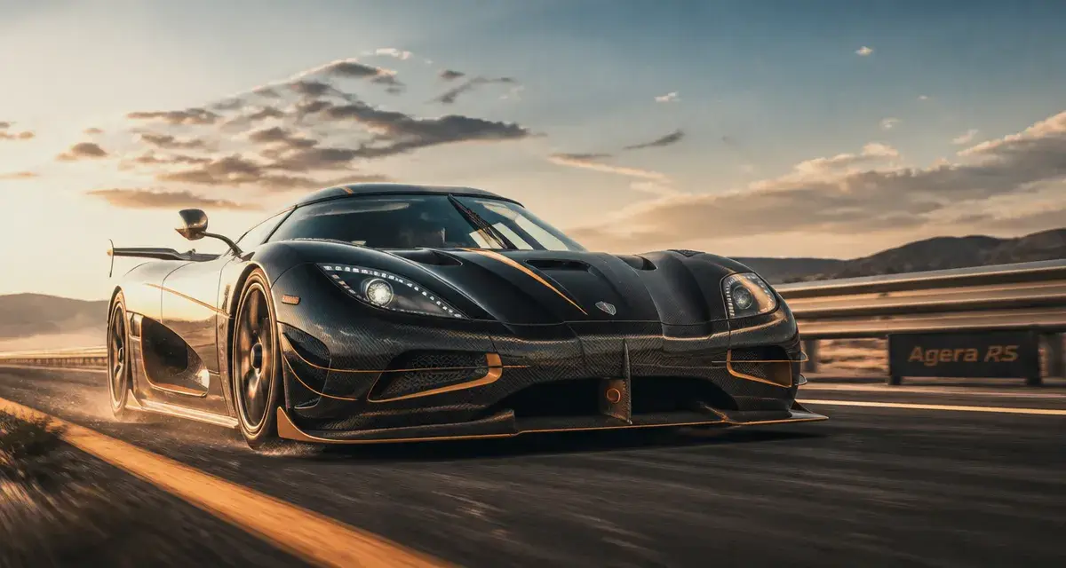 Koenigsegg Agera RS noire/orange sur autoroute fermée, vue basse