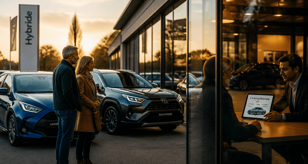 Leasing voiture hybride couple devant concessionnaire