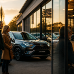 Leasing voiture hybride couple devant concessionnaire