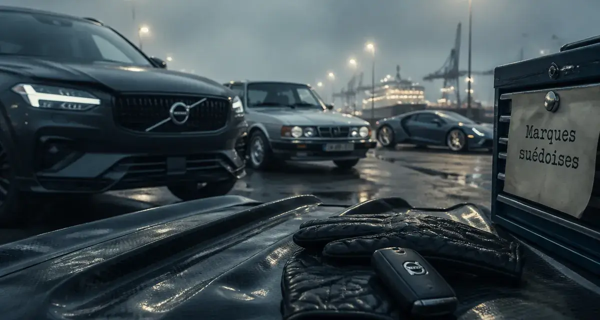 Marque voiture suedoise : Volvo Saab Koenigsegg sur quai brumeux