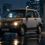 Nouvelle 2cv citroën électrique sur parking urbain, nuit froide, phares ronds