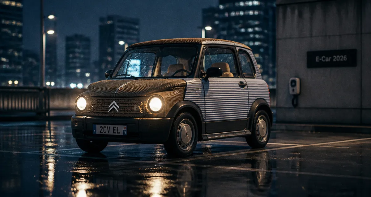 Nouvelle 2cv citroën électrique sur parking urbain, nuit froide, phares ronds