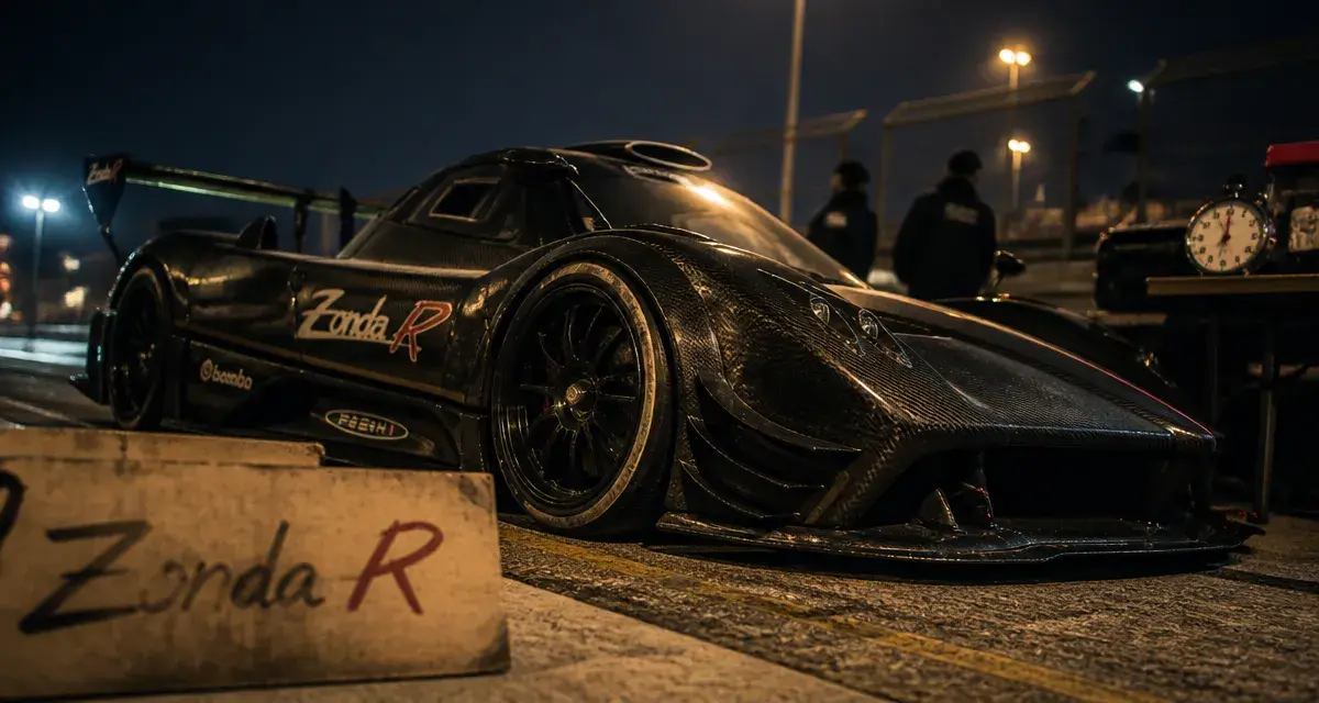 Pagani Zonda R noire sur circuit, fibre de carbone et 750 ch