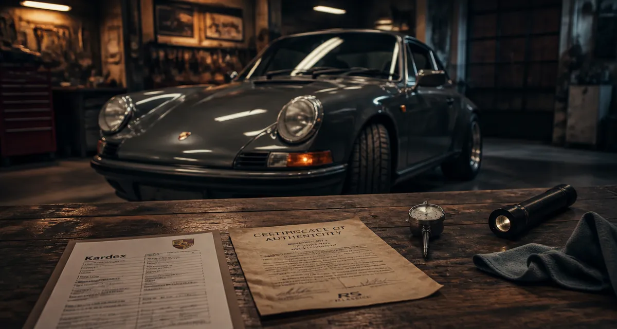 Porshe ancienne : fiche Kardex et certificat, atelier