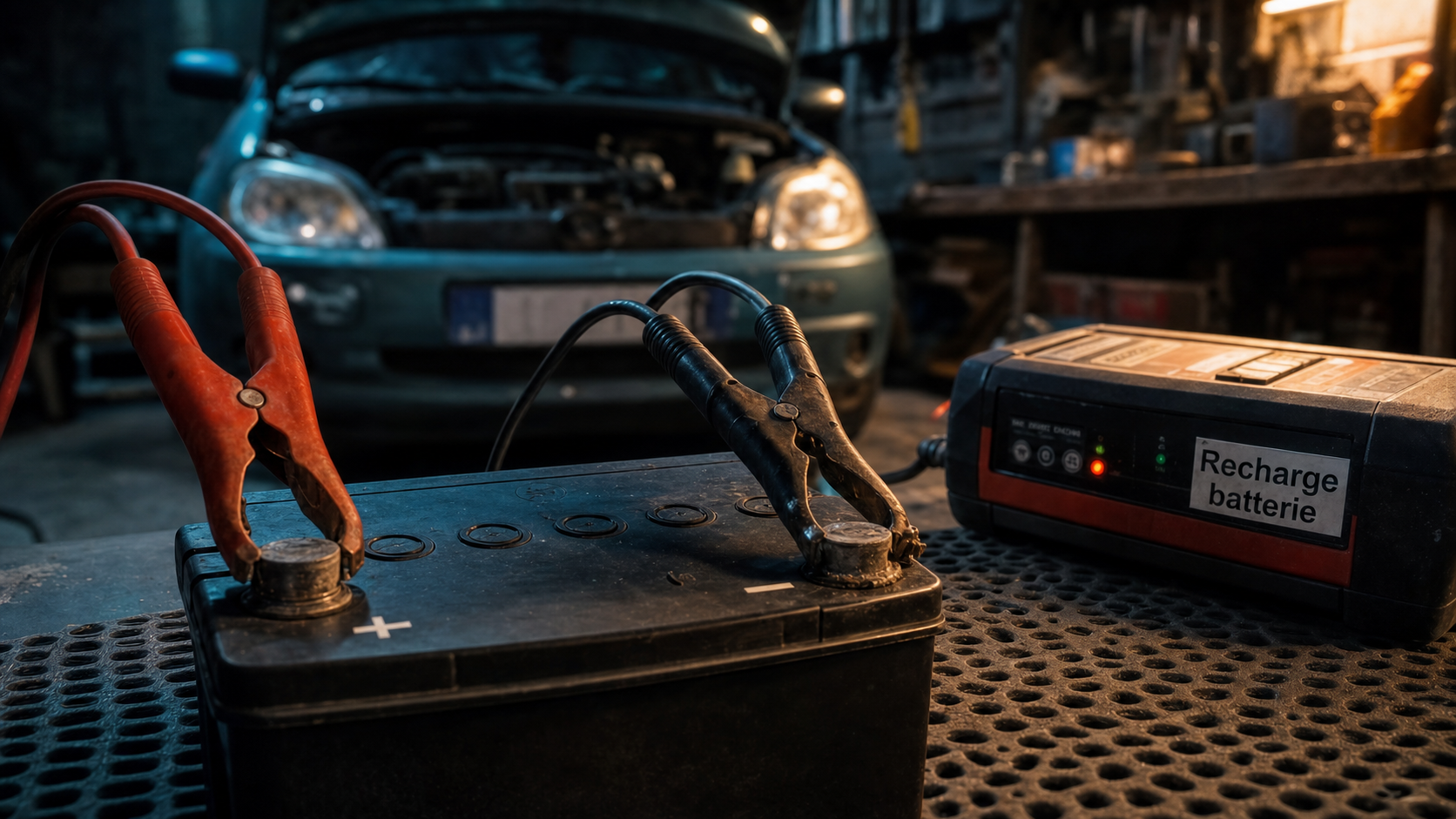Recharger batterie voiture : pinces sur bornes (+) et (-)
