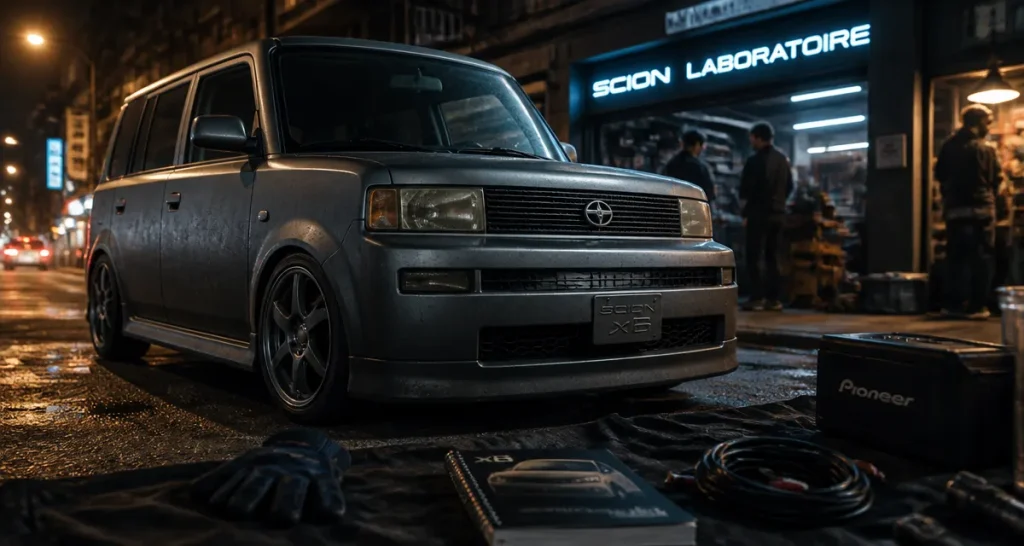 Scion auto : Scion xB grise urbaine, néon Scion Laboratoire