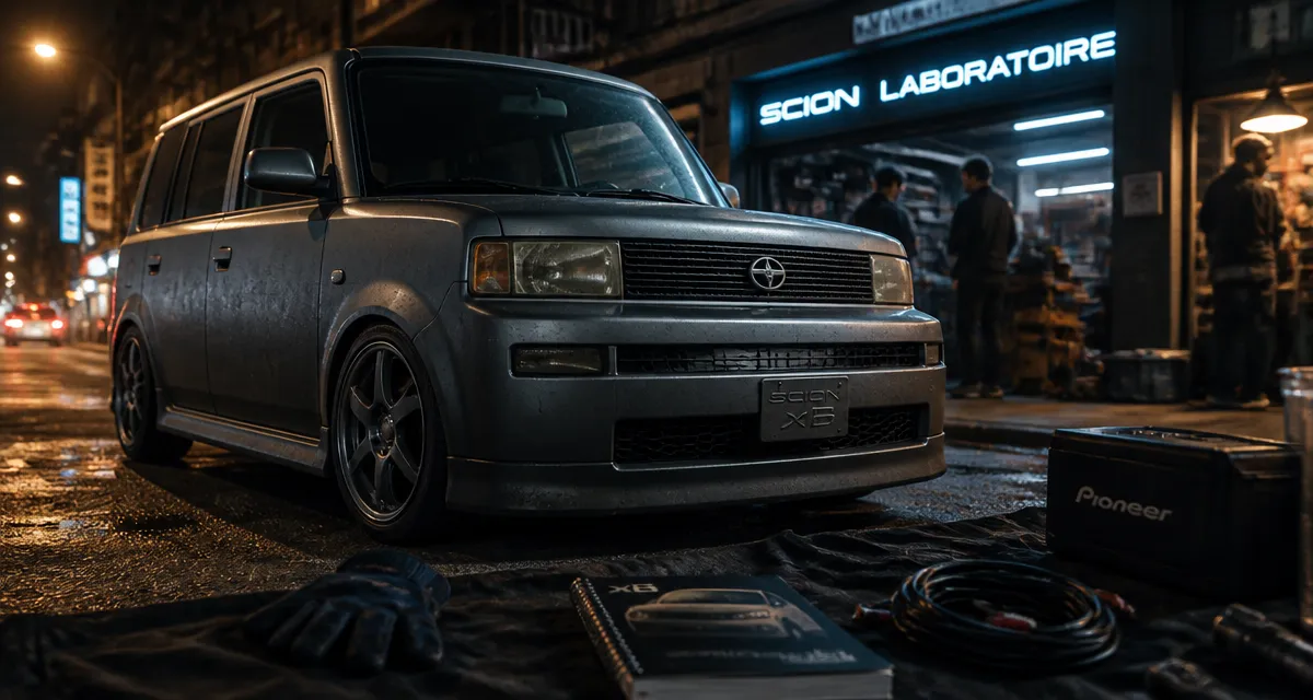 Scion auto : Scion xB grise urbaine, néon Scion Laboratoire