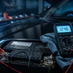 Signe de fatigue batterie voiture : test voltmètre sur batterie 12V, bornes oxydées