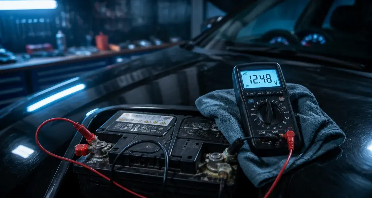 Signe de fatigue batterie voiture : test voltmètre sur batterie 12V, bornes oxydées
