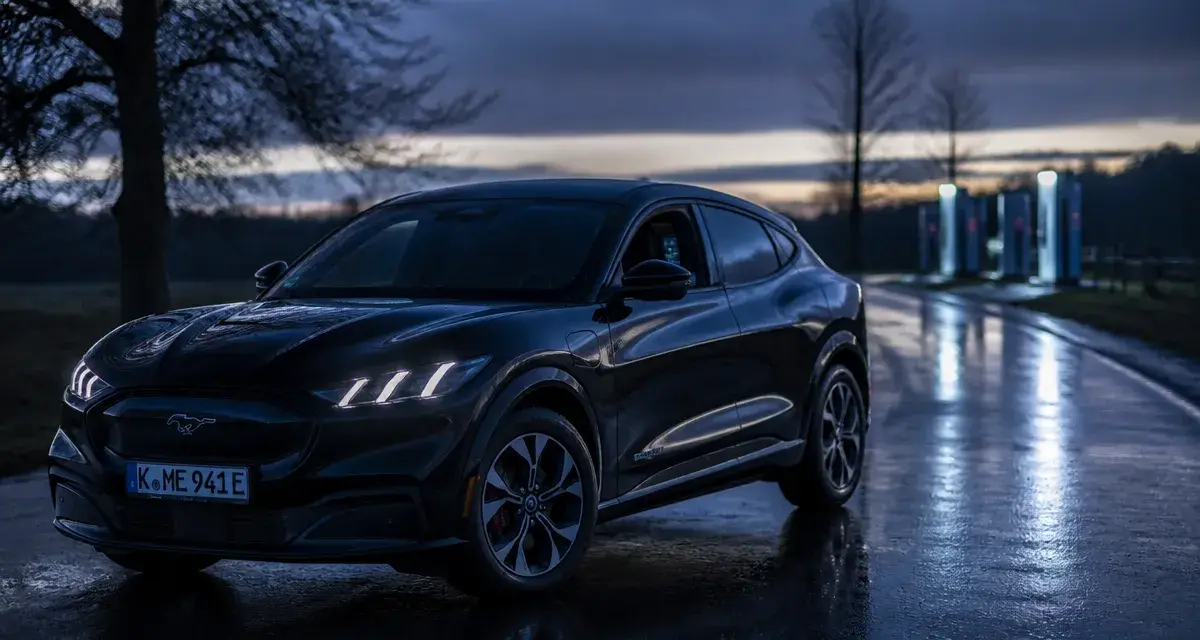 SUV mustang Mach-E noir sur route au crépuscule