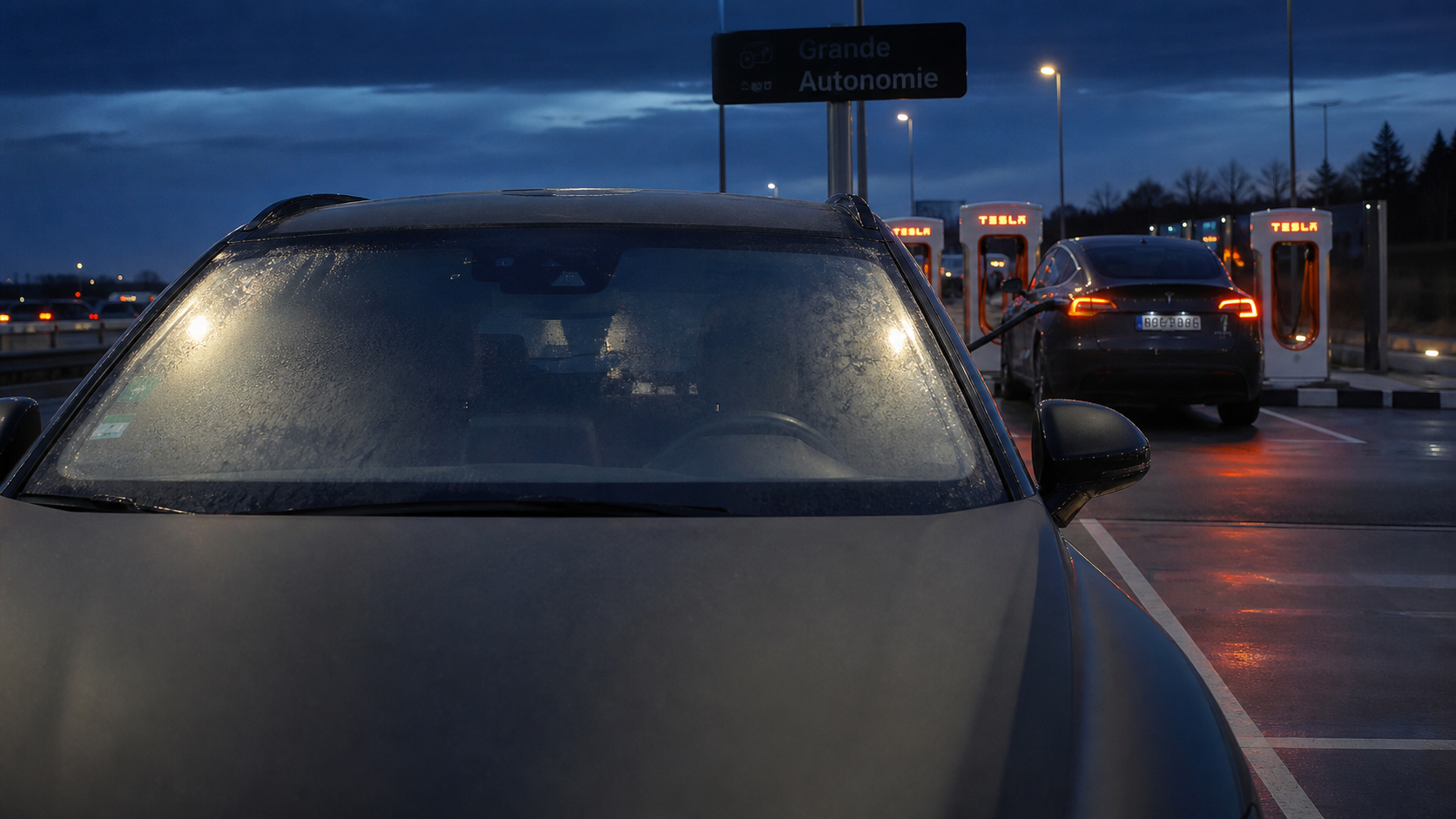 tesla model y grande autonomie sur autoroute française, Superchargeur au crépuscule