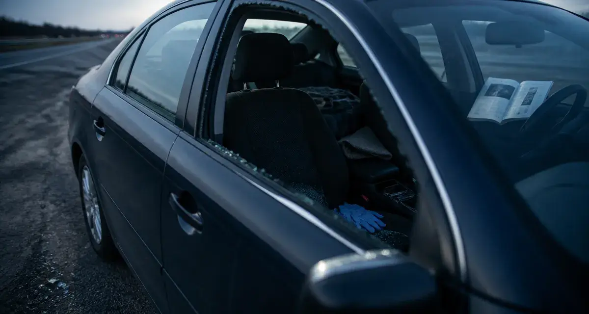 Vitre cassée voiture, éclats et document d’assurance