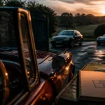 Voiture anglaise : roadster bordeaux de collection au crépuscule