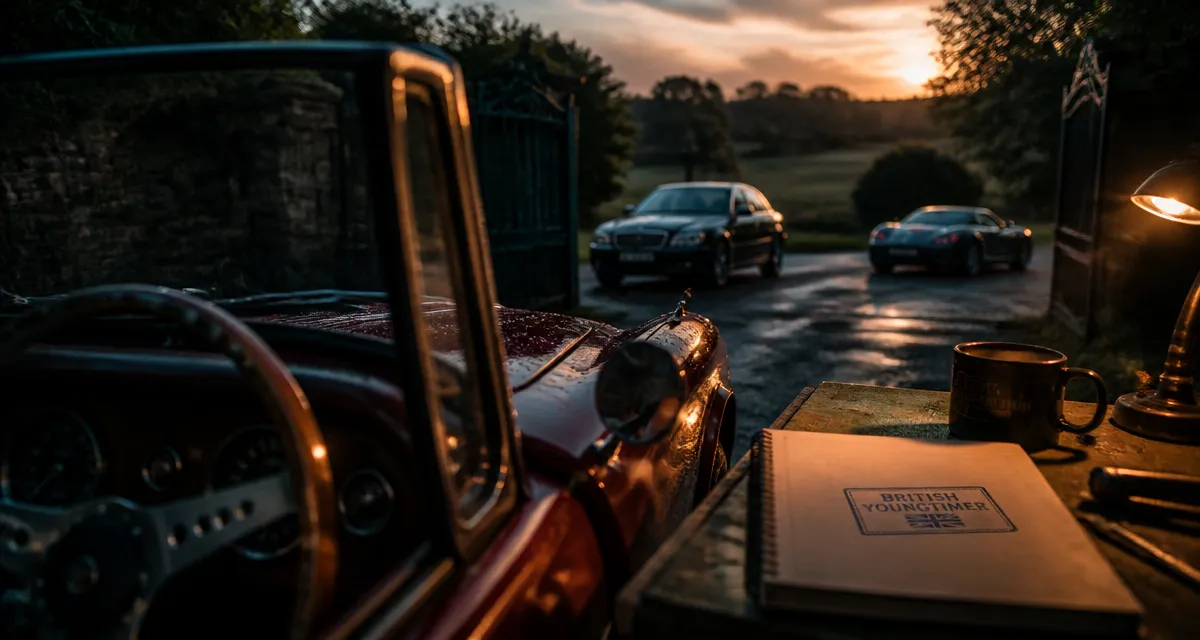 Voiture anglaise : roadster bordeaux de collection au crépuscule