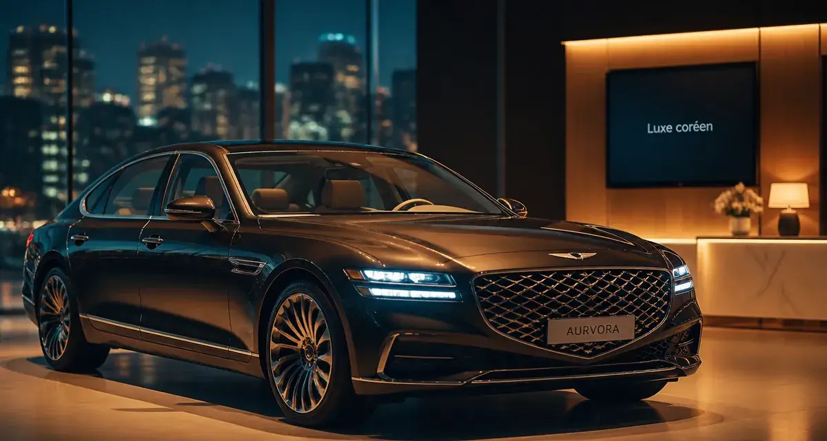 Voiture coréenne luxe, berline premium intérieure devant baie vitrée