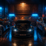voiture en v dans garage rétro avec trois modèles