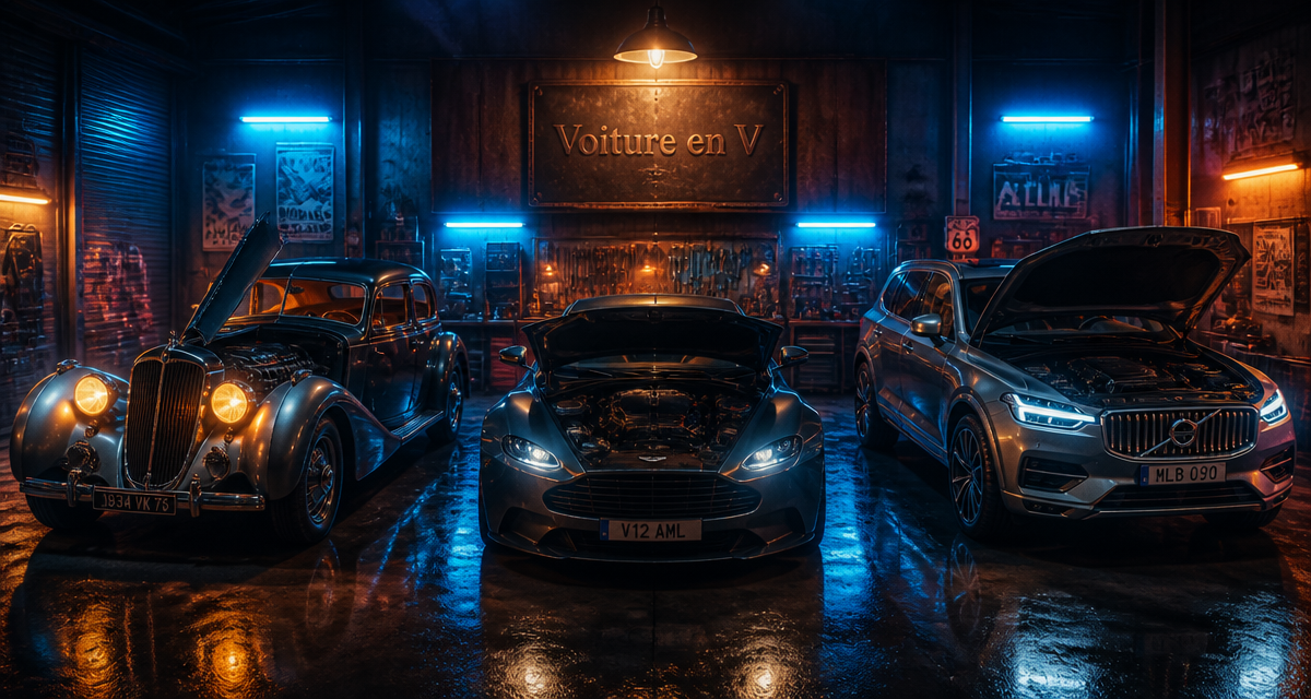 voiture en v dans garage rétro avec trois modèles