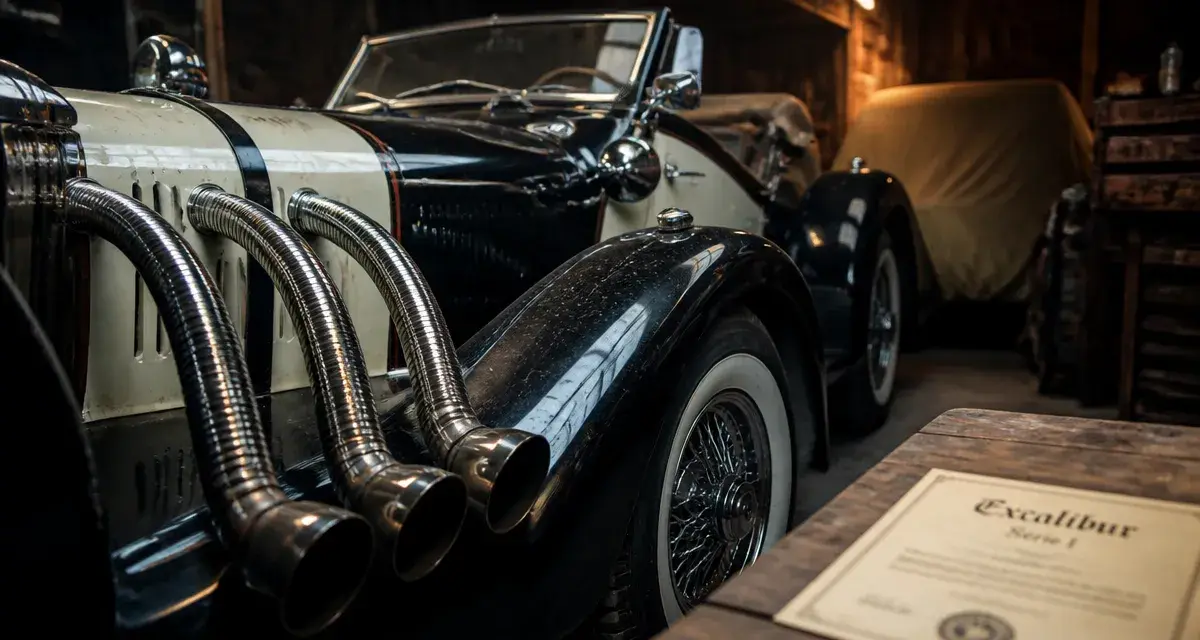 Voiture Excalibur : série I bicolore noir et ivoire sur parking de garage
