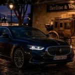 Berline définition : berline 4 portes au crépuscule, quai urbain