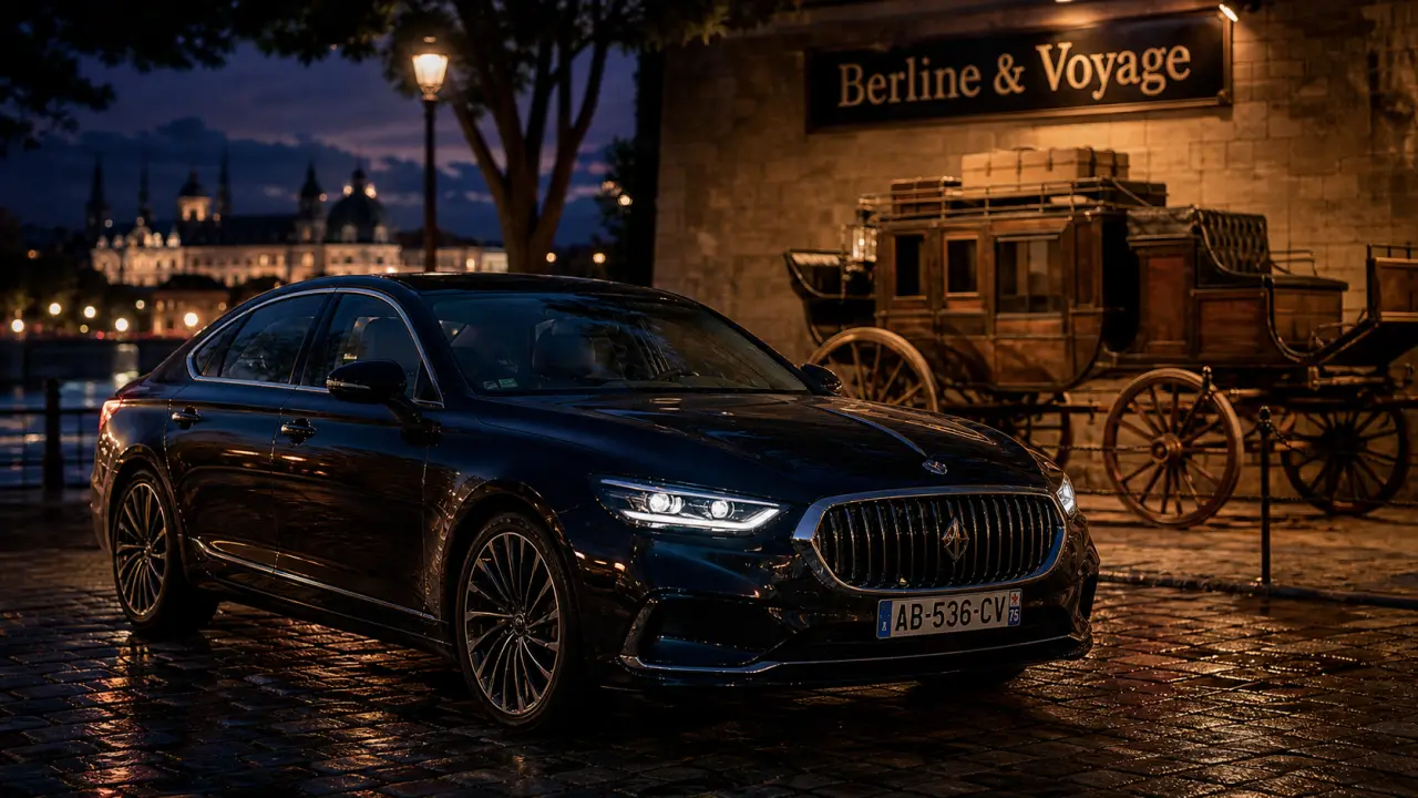 Berline définition : berline 4 portes au crépuscule, quai urbain