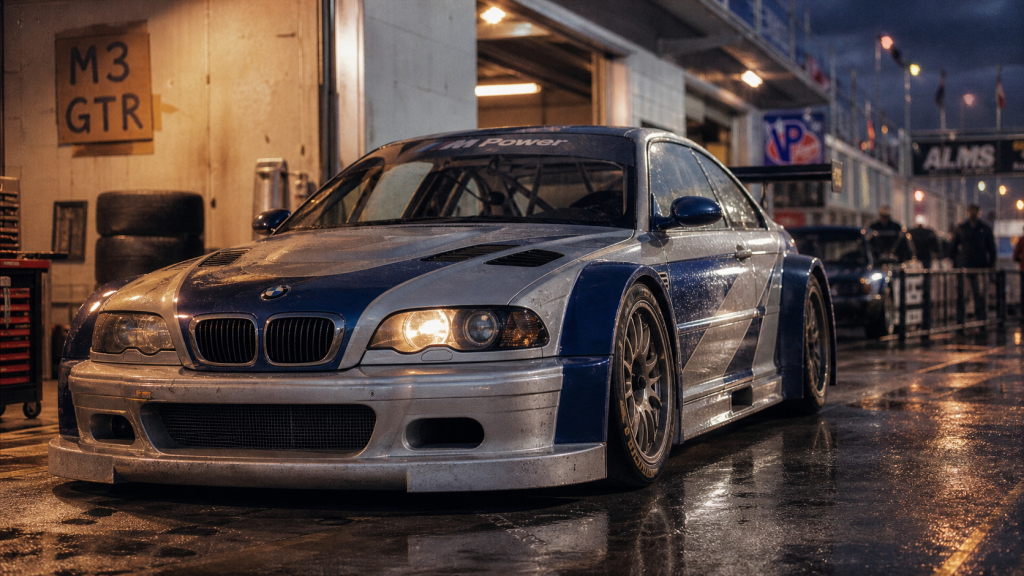 bmw m3 gtr E46 V8 d’homologation sur paddock humide