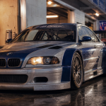 bmw m3 gtr E46 V8 d’homologation sur paddock humide