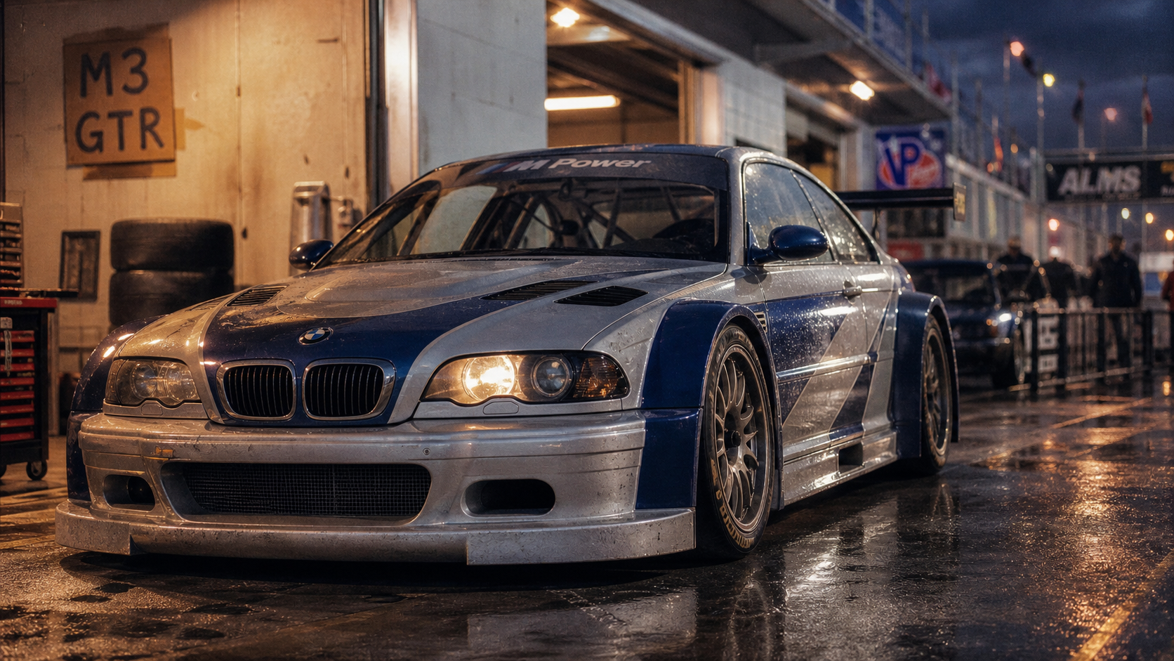 bmw m3 gtr E46 V8 d’homologation sur paddock humide