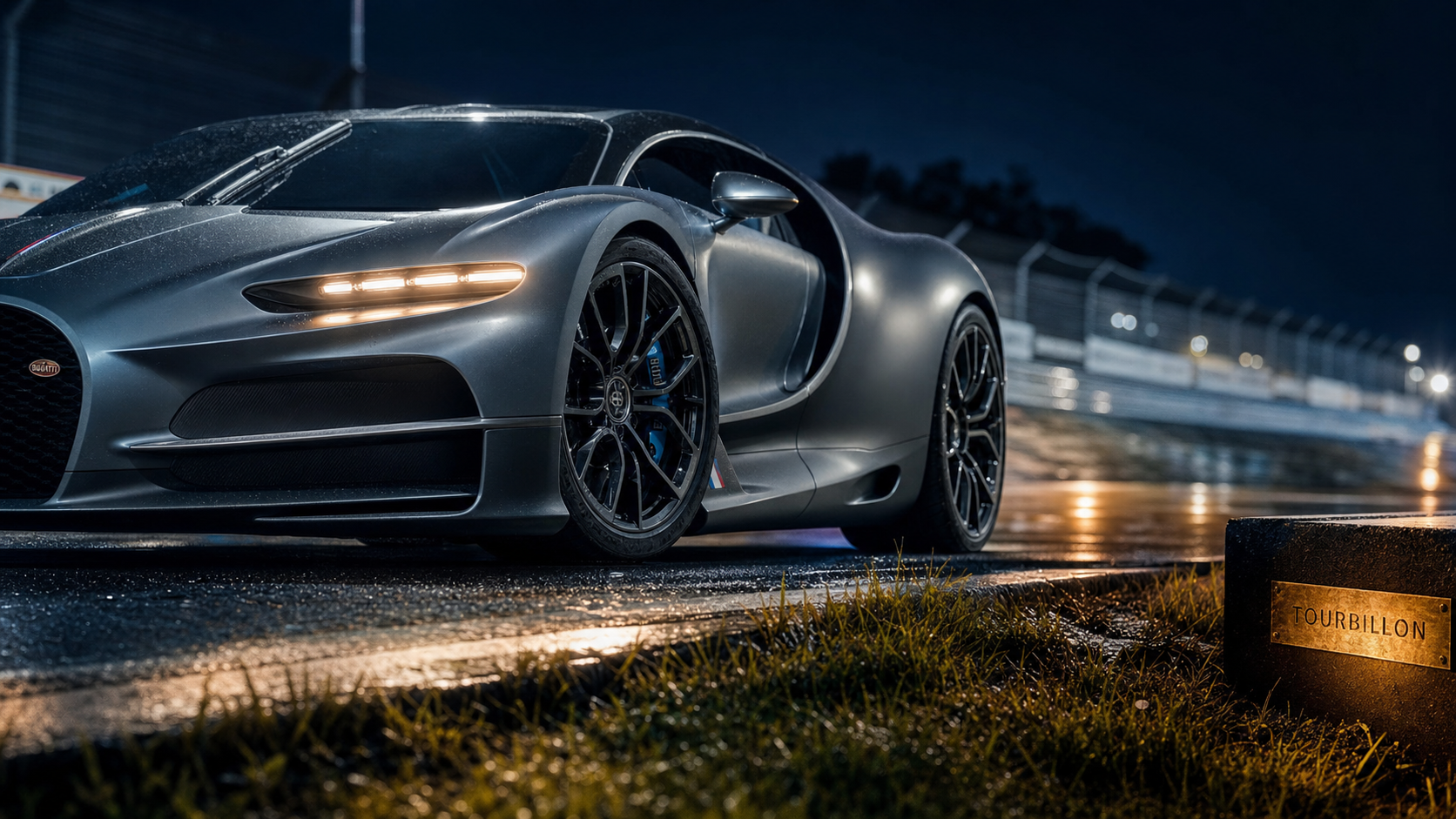 Bugatti Tourbillon vitesse max 445 km/h sur piste nocturne humide