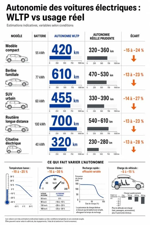 Tableau autonomie voiture électrique comparant plusieurs modèles et leur autonomie réelle