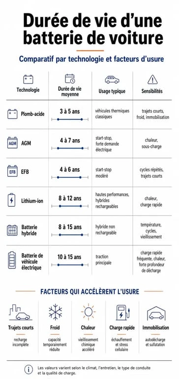 Infographie sur la durée de vie batterie voiture selon la technologie et les facteurs d’usure