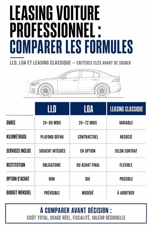 Leasing voiture professionnel : visuel comparatif entre LLD, LOA et leasing classique