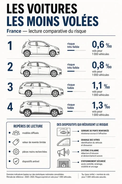 Infographie sur les voitures les moins volées en France