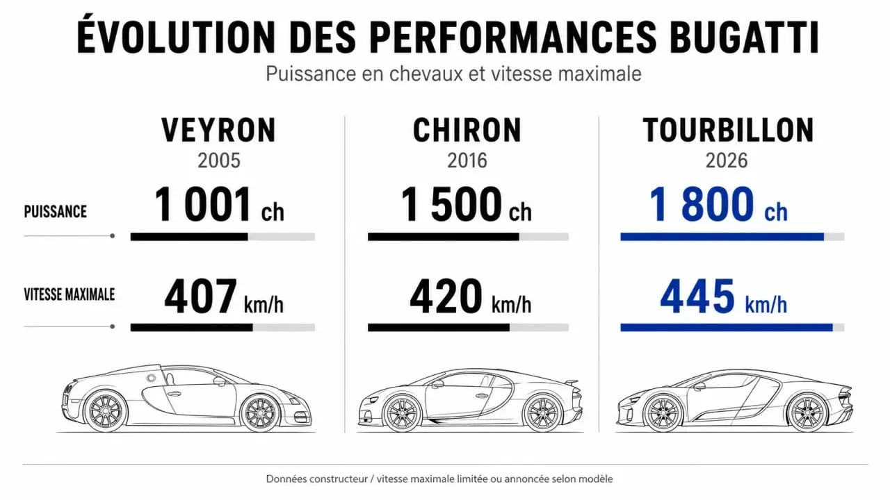 Comparatif des performances : Bugatti Veyron, Chiron et Tourbillon vitesse max et puissance